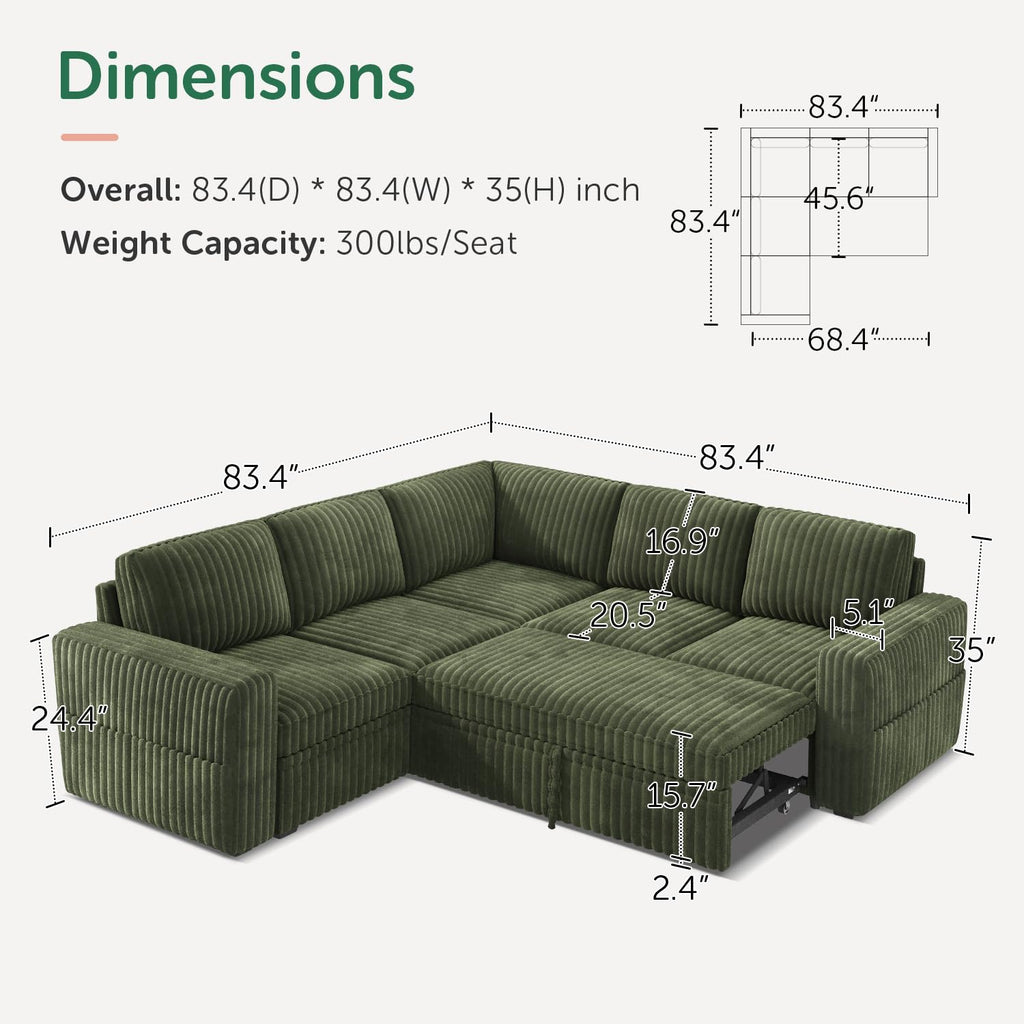 Corduroy L Shaped Sectional Sleeper Sofa with Pull Out Bed, Green