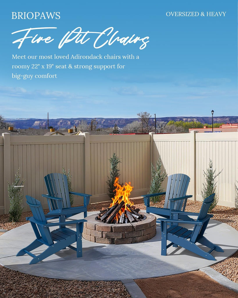 Oversized-Adirondack-Chairs-Set-of-4 | HDPE | All Weather | Blue | 22" Extra Wide Seat, Plastic Fire Pit Chair