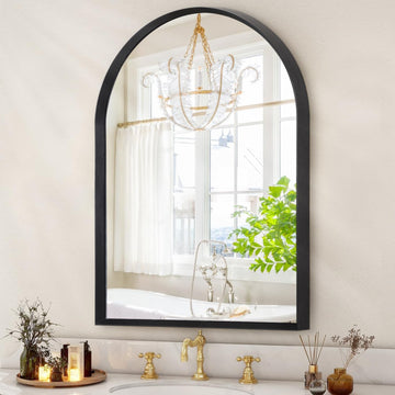 Black Arched Mirror, Modern Bathroom Wall Mirror Aluminum Alloy Framed Mirror Brushed Metal Vanity Wall Mounted Mirror