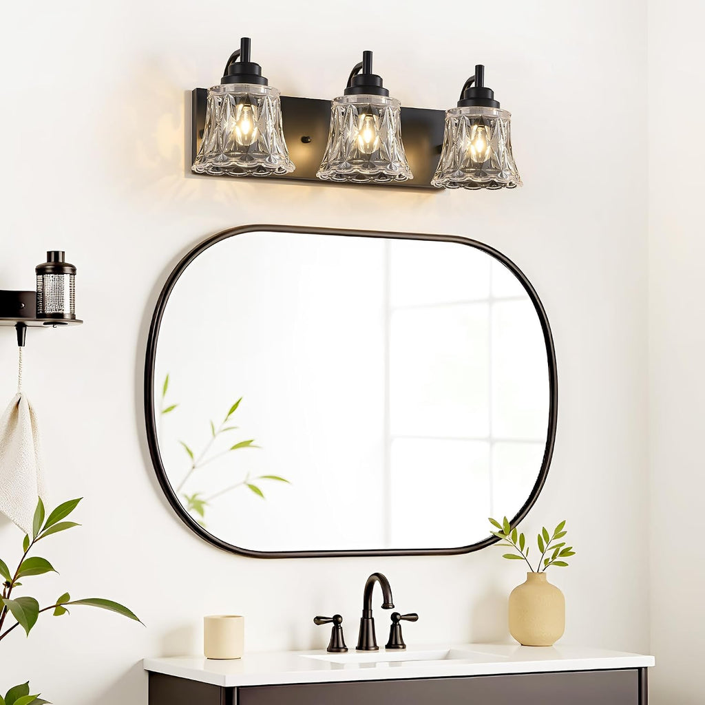 Vintage Bathroom Light Fixtures, 3-Light Matte Black Crystal Glass | Mounted Over Mirror, Matte Black Finish, Vintage