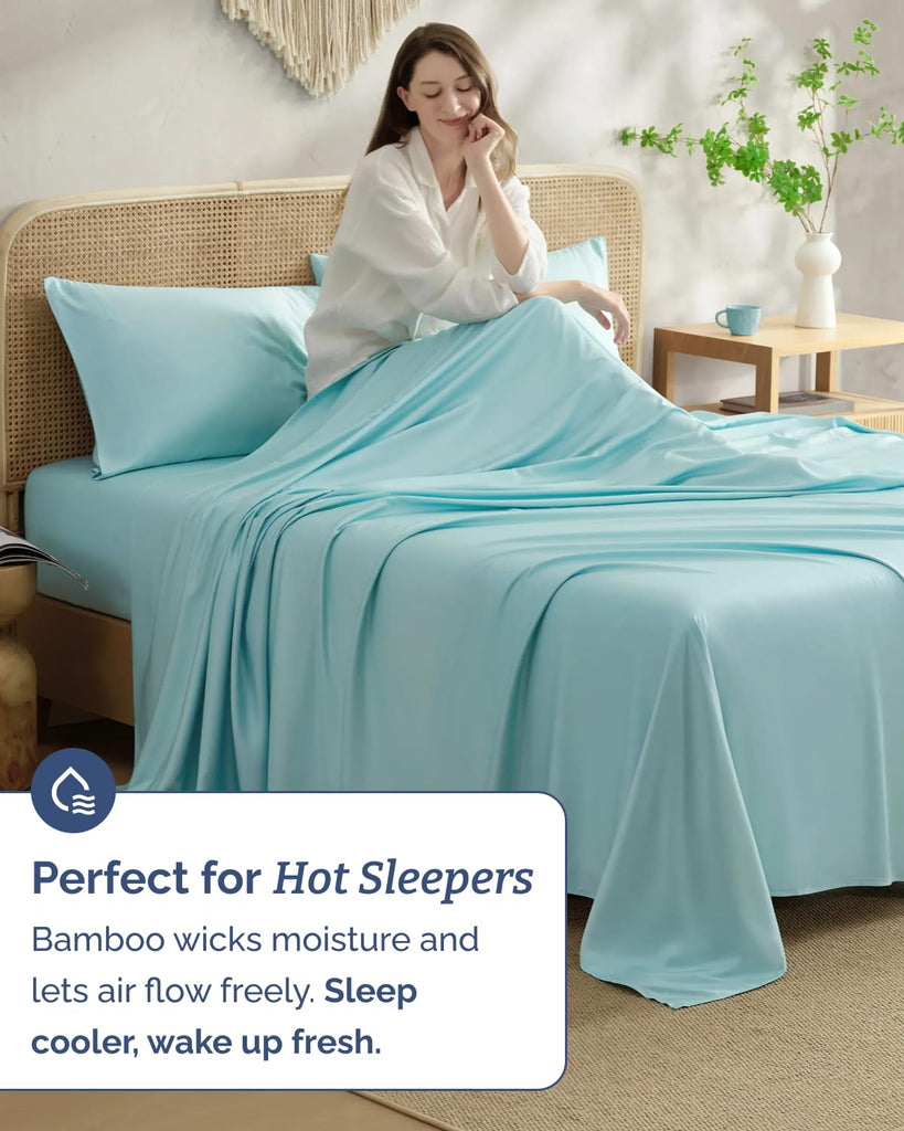 100% Rayon Derived from Bamboo - Bed Sheets Set Split King Size - Spa Blue