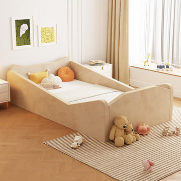 Toddler Bed, Floor Bed with Safety Guadrail, Montessori Toddler Bed with Animal Ear Shapes, Soft Velvet Wood Bed for