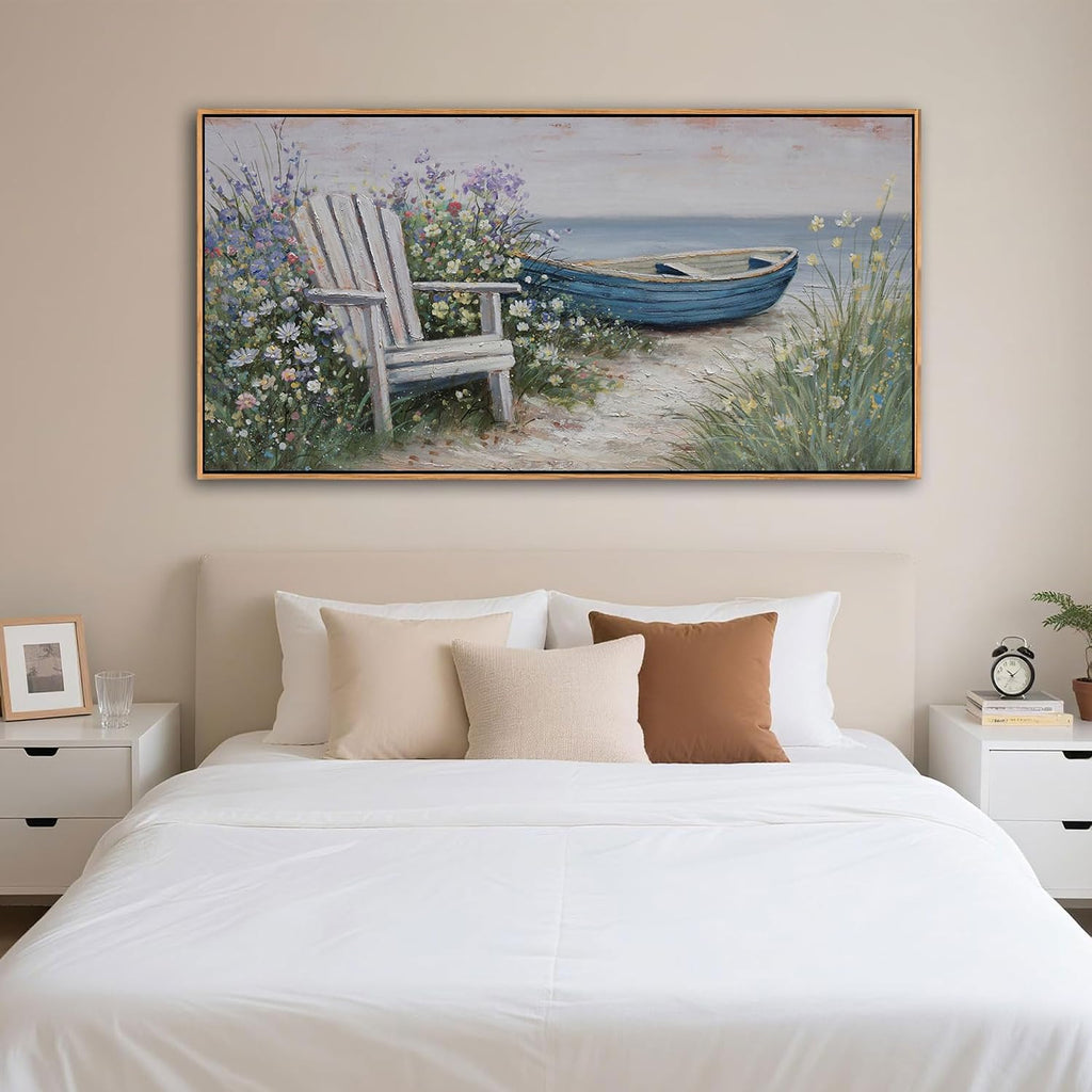 Large Coastal Canvas Wall Art - Ocean Landscape Canvas Wall Decor Picture Blue Boat Beach Scenery Painting & Coast