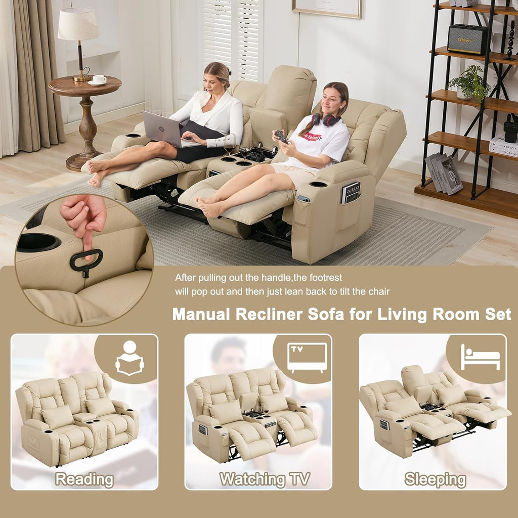 65.5" RV Loveseat Recliner Double Recliner RV Sofa & Console | Wall Hugger Loveseat Reclining RV | RV Theater