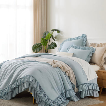 Double Ruffle Blue Comforter Farmhouse Bedding