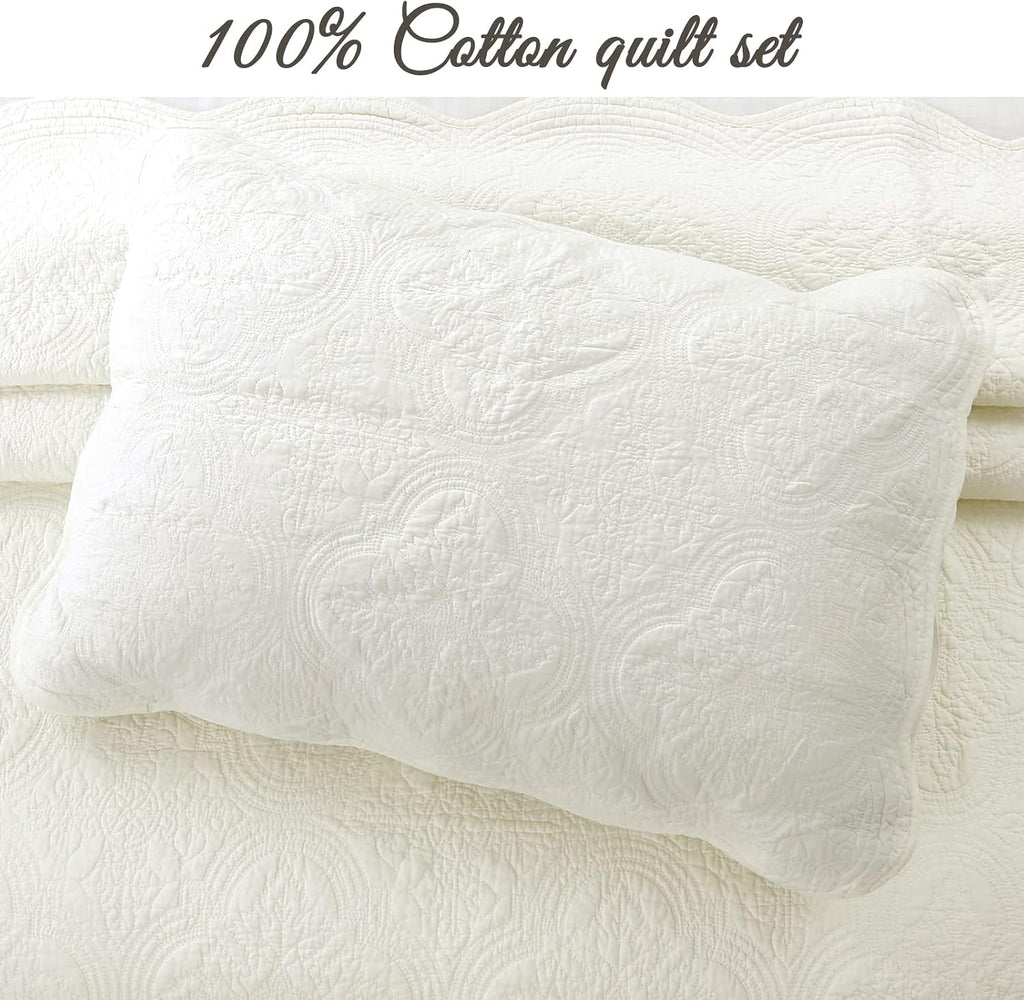 100% Cotton Medallion Off White Matelasse Embossed Bedding Quilt Set, Reversible Lightweight Bedspread, Coverlet for