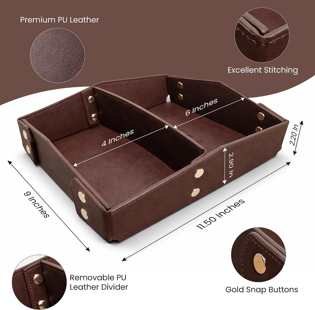 Valet Tray Organizer for Men & Women - PU Leather Catch All Tray with Removable Divider - EDC Storage for Keys - Set of 2