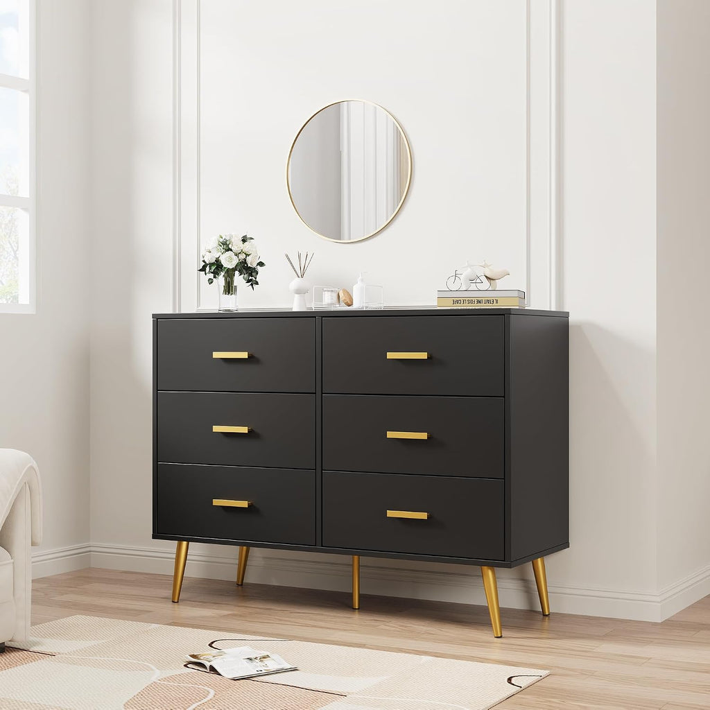6 Drawer Dresser, Chest of Drawers with Gold Handles, Black | Wooden Modern Deep Drawers