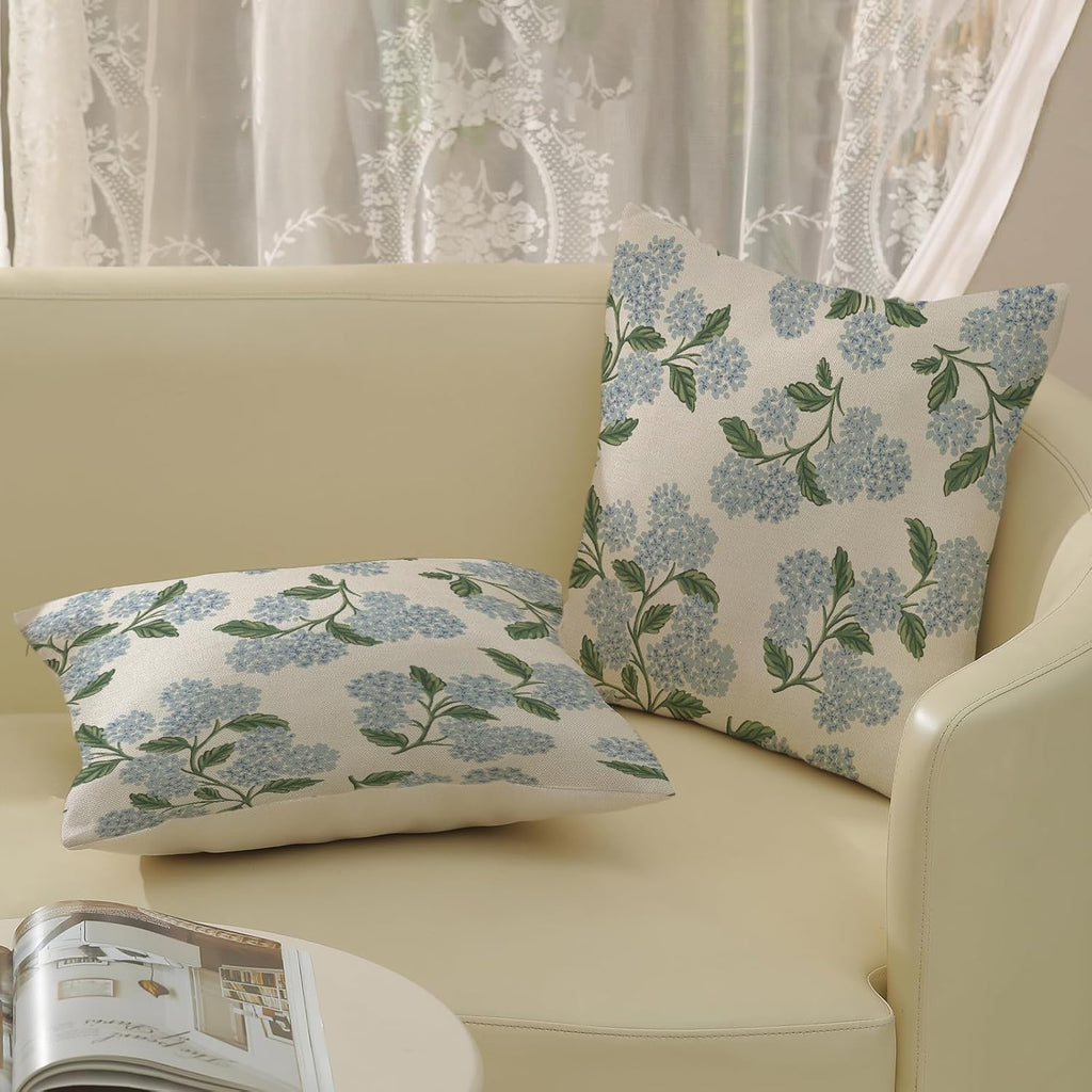 Spring Pillow Covers 18x18 Inch 2 Pcs Blue Green Hydrangea Flower Decor Throw Pillows Vintage Floral Seasonal Summer