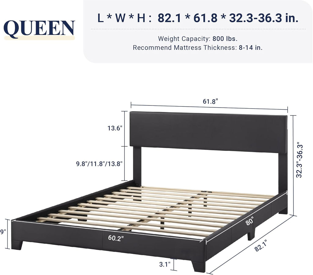 Queen Bed Frame with Adjustable Headboard, Faux Leather Platform Bed with Wood Slats, Heavy Duty Mattress Foundation
