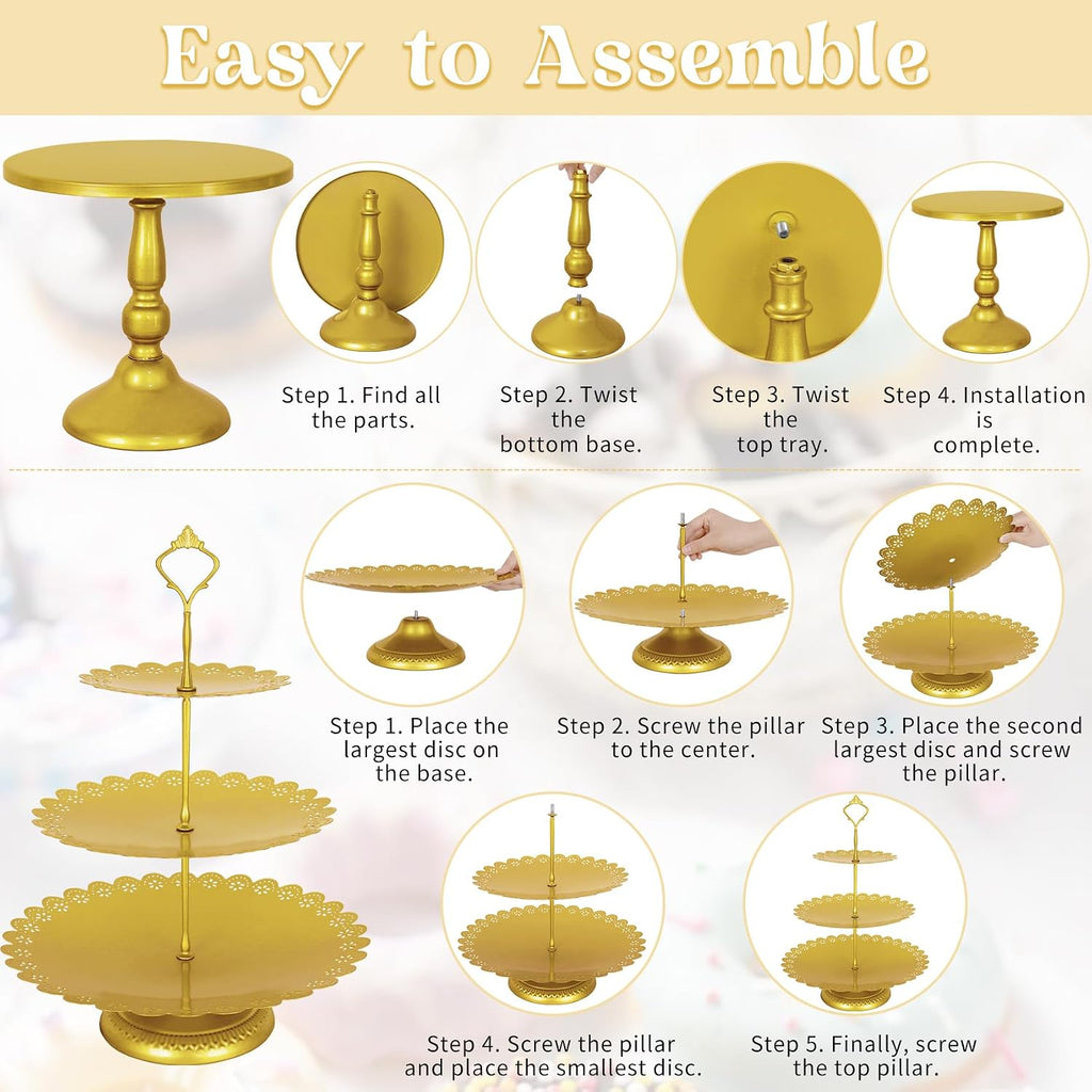 8 Pcs Cake Stand Gold Metal Dessert Table Display Set, 3-Tier Cupcake Stand, Cake Display Tower and Cookie Tray Rack