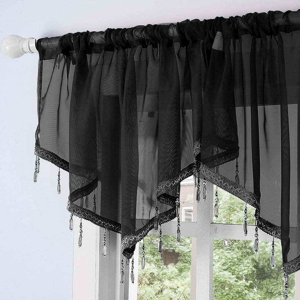 Swag Curtain 51 inch Length Rod Pocket Scalloped Curtain Valance Sheer Lace Panels with Hanging Crystal Beads for Kitchen Bedroom Window Treatments Drape Decor 1pc (Black, 51Wx23L)