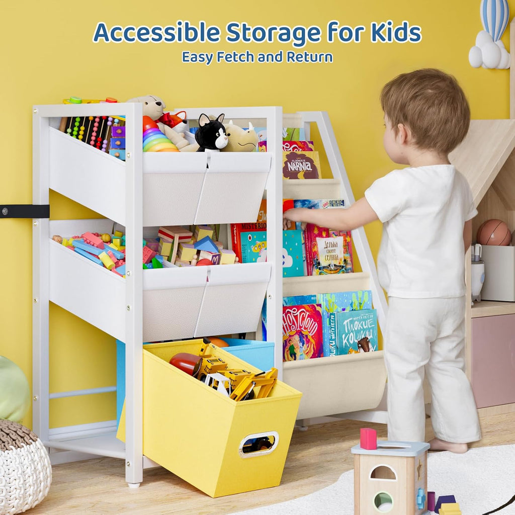 Kids Bookshelf Toy Storage Organizer, Toddler Baby Montessori | Montessori Toddler Book Rack With 3 Slings & 6 Toy