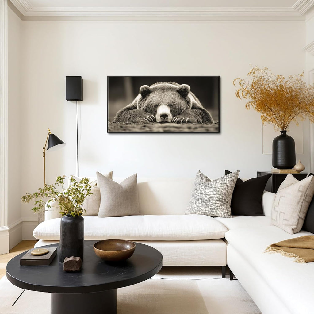 Grizzly Bear Wall Art Brown Animal Canvas Print with Black Floater Frame Rustic Woodland Decor Bedroom Cabin