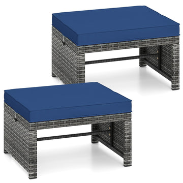 Wicker Outdoor Ottoman Set of 2 - Rattan Footstools Foot Rest w/Removable Cushions, Multipurpose Side Table &