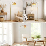 64'' Adjustable Arc Floor Lamp with Natural Rattan Woven Shade, Brushed Gold Mid-Century Modern Boho Floor Lamp