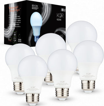 6 Pack A19 LED Light Bulb, 60W Equivalent, 5000K Bright White, 800 Lumens, Efficient 9 Watt Replacement Bulbs with E26 Standard Base, 15000 Long Life Hours, Non-Dimmable, 80+ CRI, UL Listed