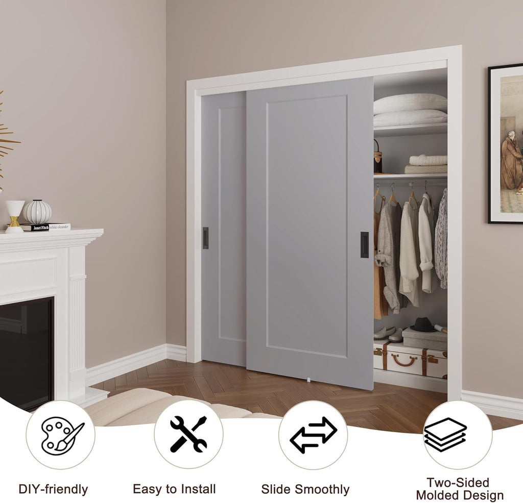 72x80 in 1-Panel Sliding Closet Door, White Primed Bypass Interior Door with Top Track & Floor Guide
