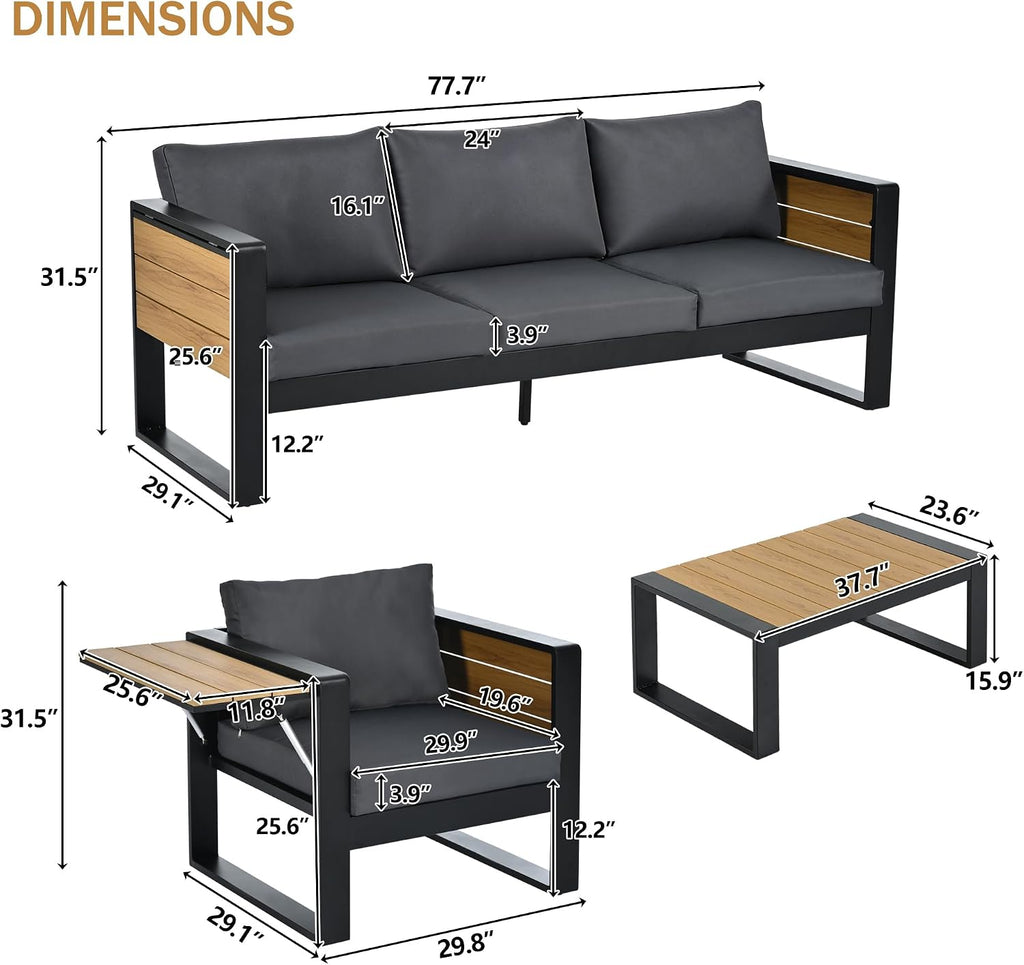 Large 4-Piece Outdoor Patio Furniture Set for 5 Person, 3-Seater Sofa, 2 Armchairs with Fold-Out Side Tables