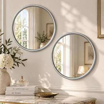 12 Inch Round Glass Mirror Set of 2, Silver Metal Framed Decorative Mirror for Wall, Non-Distortion Small Rounded