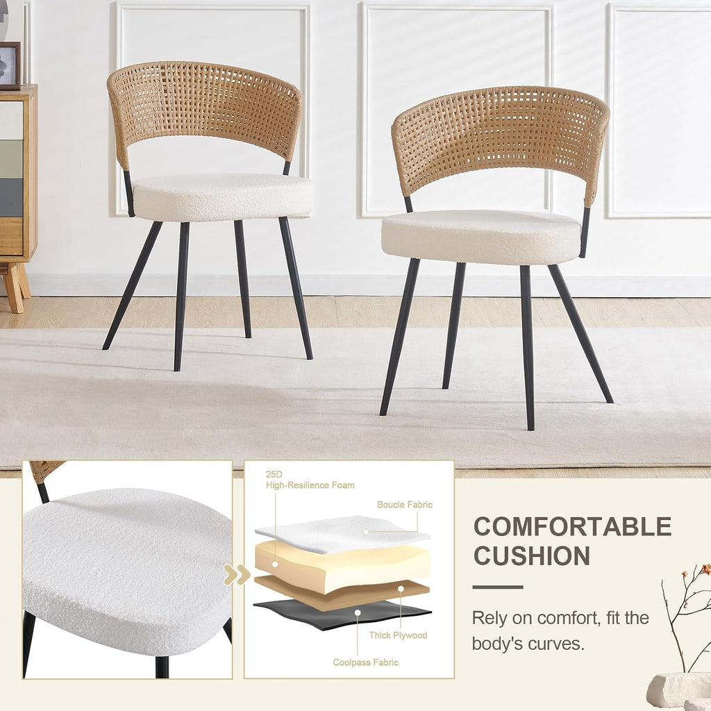 Rattan Dining Chairs Set of 4, Wicker Dining Chairs Set of 4 with PE Rattan Back,Wing Back Kitchen Chair with Boucle