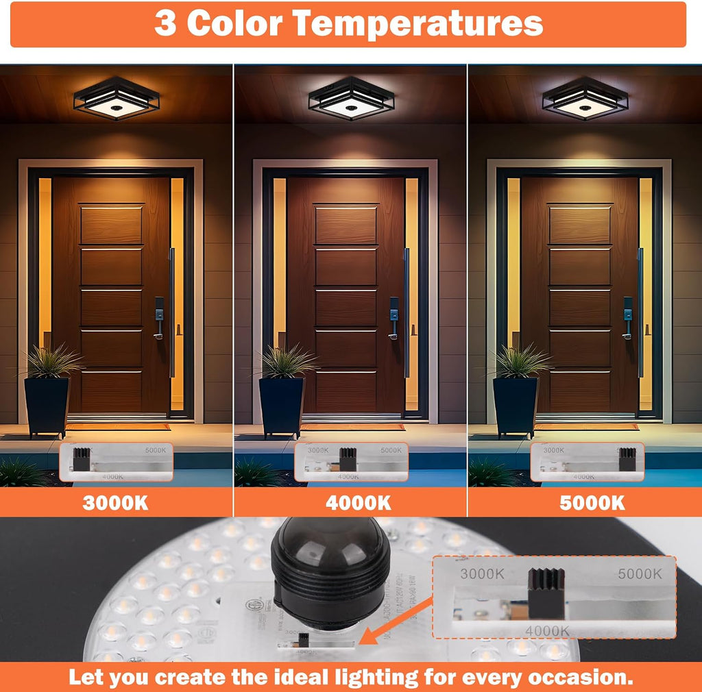 LED Motion Sensor Outdoor Ceiling Light, Modern Black Flush Mount Ceiling Light