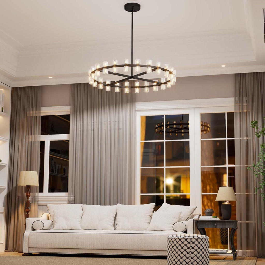 Inspired Arcachon Style Round Wagon Wheel Chandelier, 40" 40-Light Black, Crystal Shades — Foyer, Dining & Living Room