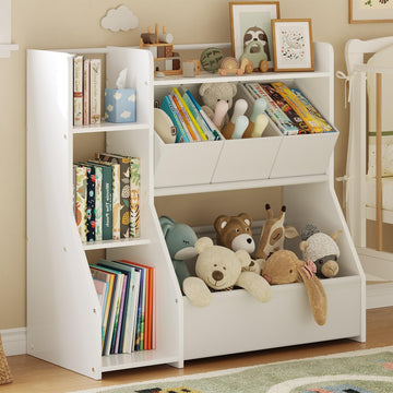 Kids Toy Storage Organizer with Bookshelf | Three-tier bookshelf and spacious toy bin encourage independent reading