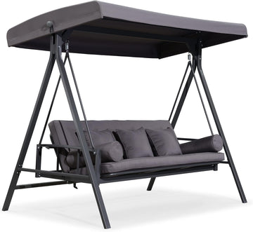 Swing Bed Outdoor Swing 3-Seat Aluminum Adjustable Canopy, Gray | Convertible Swing Bed, Heavy Duty for Adults