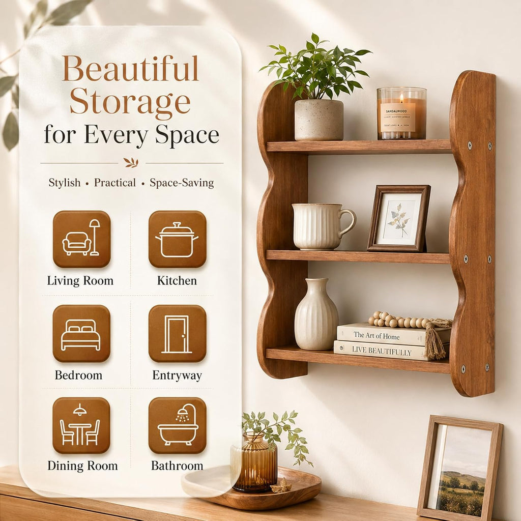 Solid Wood Floating Shelves for Wall, 3 Tier Rustic Vintage Wall Mounted Shelf, Wood Wall Storage Rack, Decorative