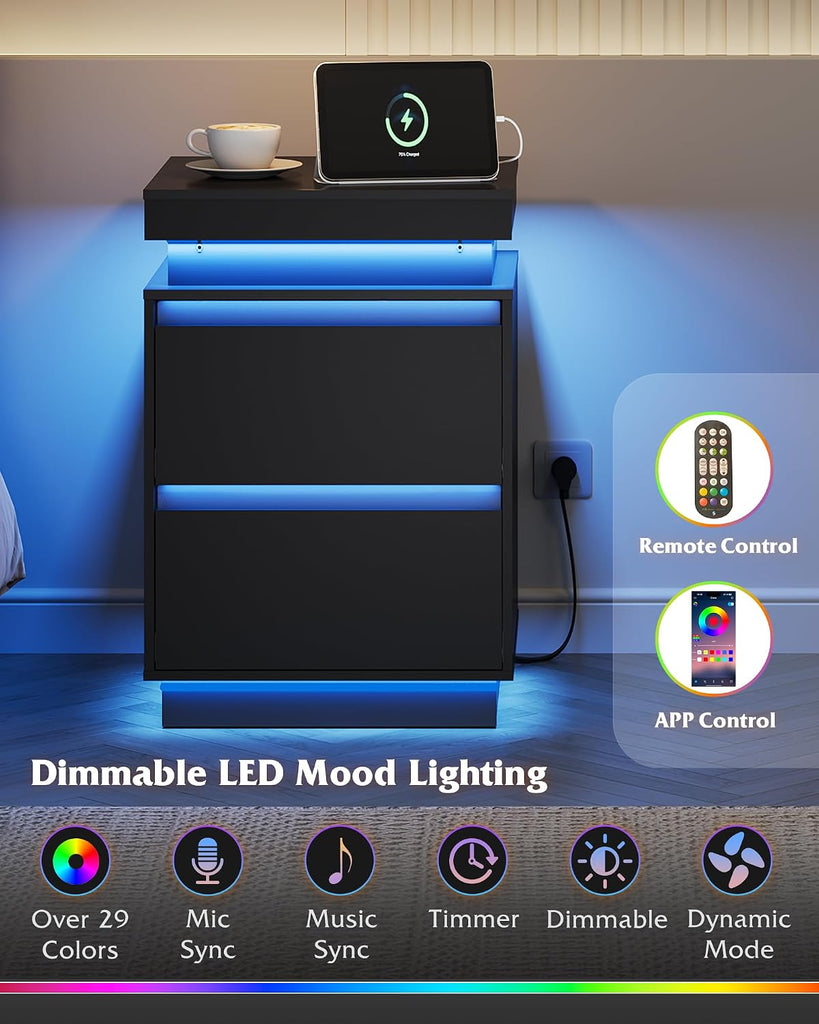 Black LED Nightstand with Charging Station, 26 Inches Night Stand with Sliding Top, 2 Drawers, 29 Colors and