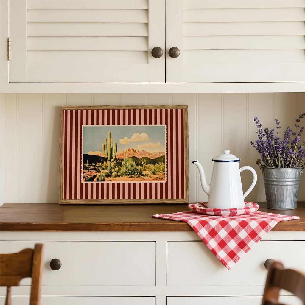 Framed Vintage Western Landscape Wall Art Set of 3, Striped Postcards Southwest Desert Cactus Pictures Wall Decor