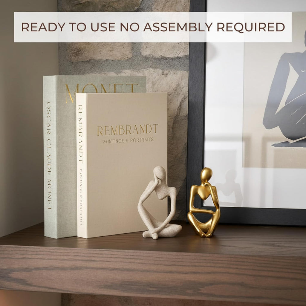 Decorative Books & Thinker Sculptures Set - Linen Boxes & Resin Figurines Enhance Your Coffee Table, Bookshelf or