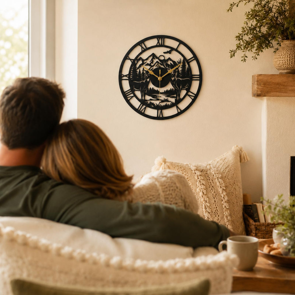 Deer Wall Clock Metal Wall Clock, Rustic Wall Clock Decor, Farmhouse Wall Clock with Deer Mountain Forest Design