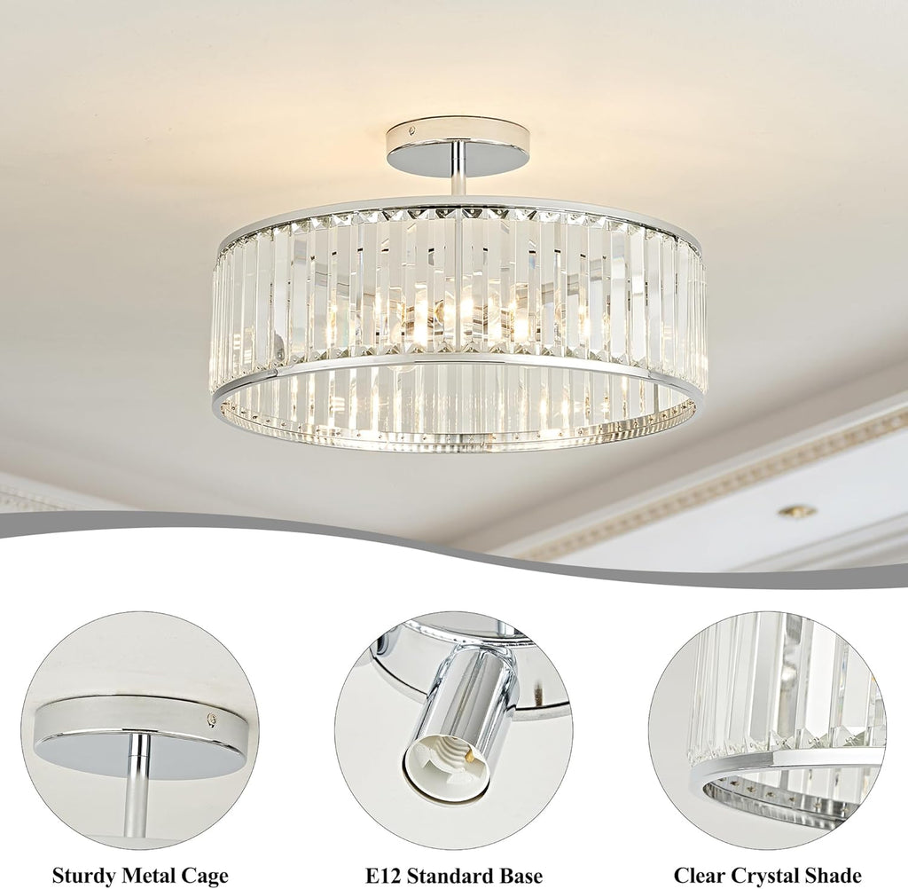 19.7" Modern Crystal Chandeliers Semi Flush Mount Ceiling Light, Large Round Crystal Chandelier Ceiling Lights