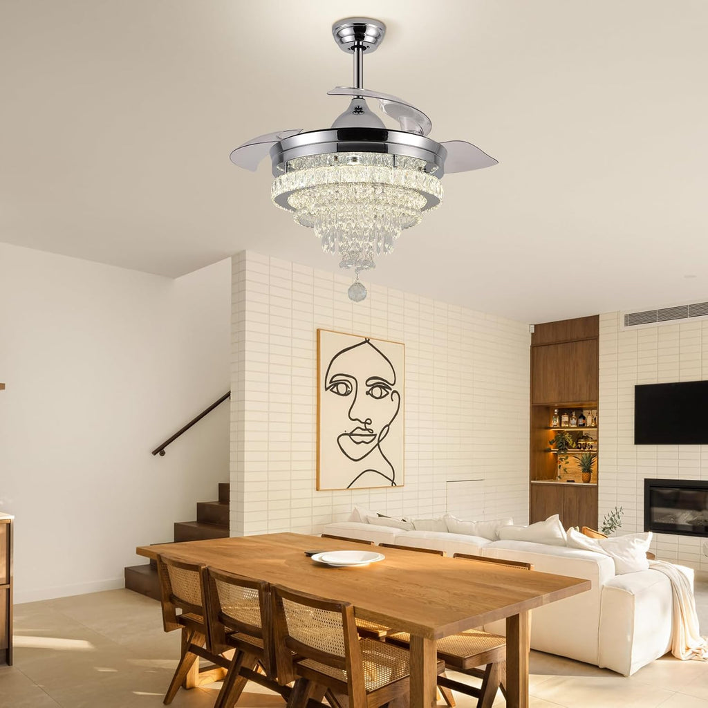 42" Modern Crystal Chandelier Ceiling Fan with Light & Remote,Dimmable LED Fandelier ,3 Color Temperatures,6 Speeds