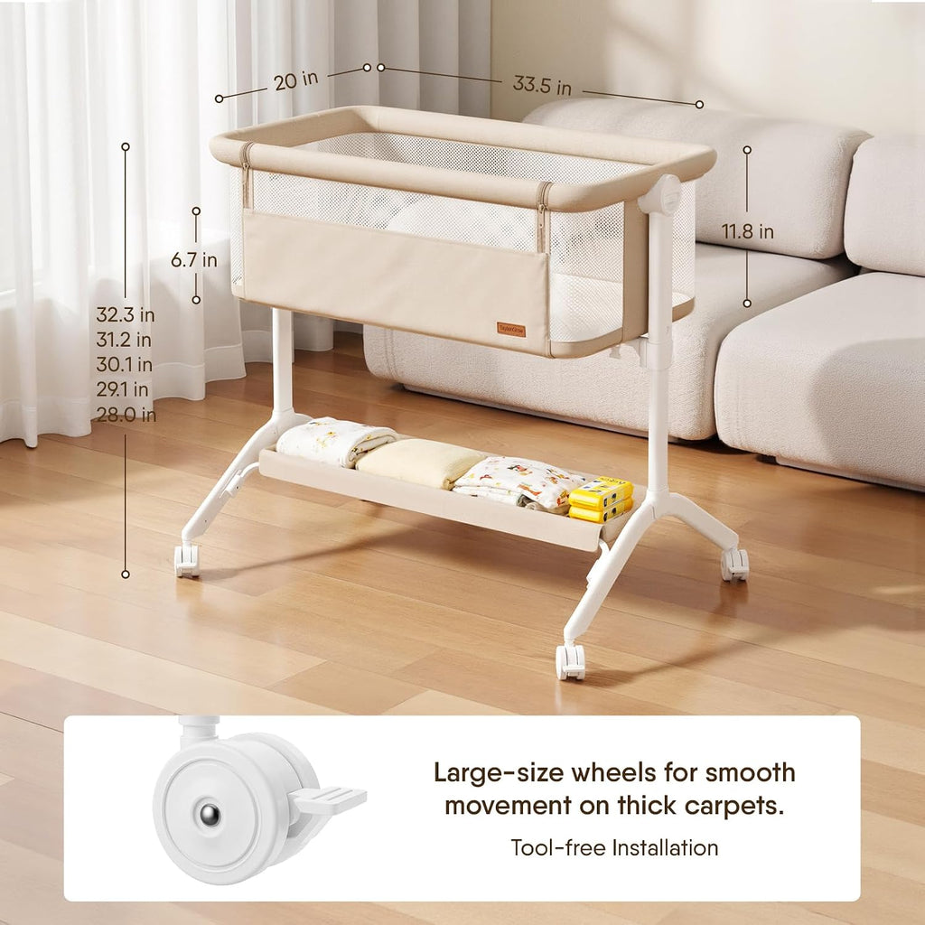 Bassinet Bedside Sleeper, All-Mesh, 5 Heights, Locking Wheels(Beige) | Washable mattress, oversized locking wheels