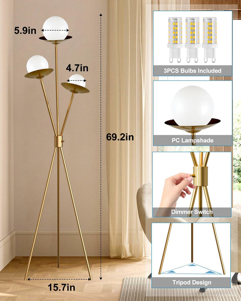 Tripod Floor Lamp Dimmable Globe Floor Lamps with 3 LED Bulbs Included