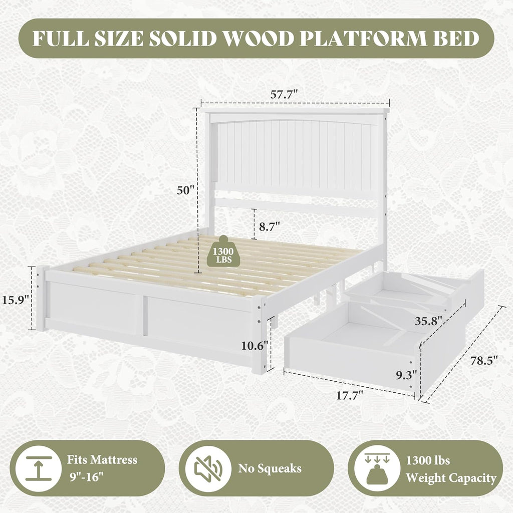 Solid Wood Full Storage Bed Frame with Headboard, Platform Bedframe with 2 Storage Drawers, Beadboard Design & Wooden