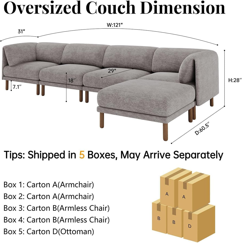 Modular Sectional Sofa,5 Seater L-Shaped Mid Century Modern Sectional Couch, Deep Seat Modular Couch, Chenille Comfy