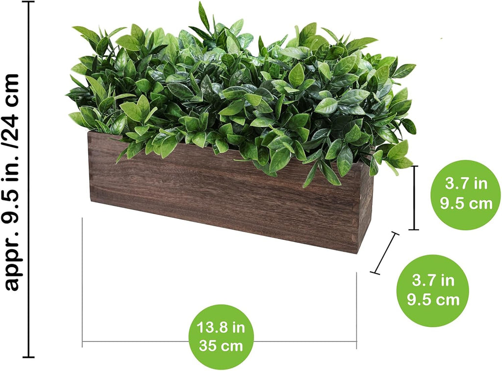 14" Artificial Boxwood Plants in Rectangular Wood Planter Farmhouse Greenery Arrangement Centerpiece Faux Potted Herb