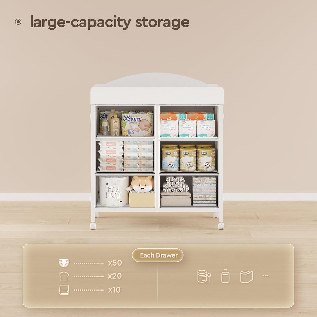 Changing Table Dresser, 6 Fabric Drawers, Mobile Storage, White | Changing Table,Waterproof Diaper pad & Safety