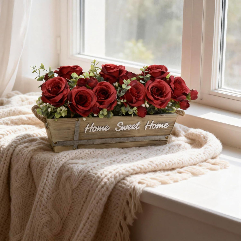 Artificial Rose Flower Arrangement with Eucalyptus in Wooden Planter, Faux Flowers Farmhouse Table Centerpiece