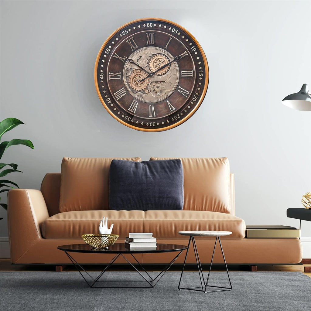 24 Inch Wall Clock with Moving Gears,Oversized Large Industrial Steampunk Clock