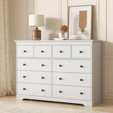 Modern 10 Drawer Dresser, 55.1" Wide Dressers & Chests of Drawers with Large Capacity Storage, Mid Century White