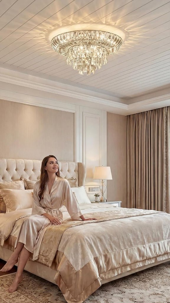 20" Modern Crystal Flush Mount Ceiling Light, 12-Light Tiered Chandelier with Chrome Frame & Rectangular Prism