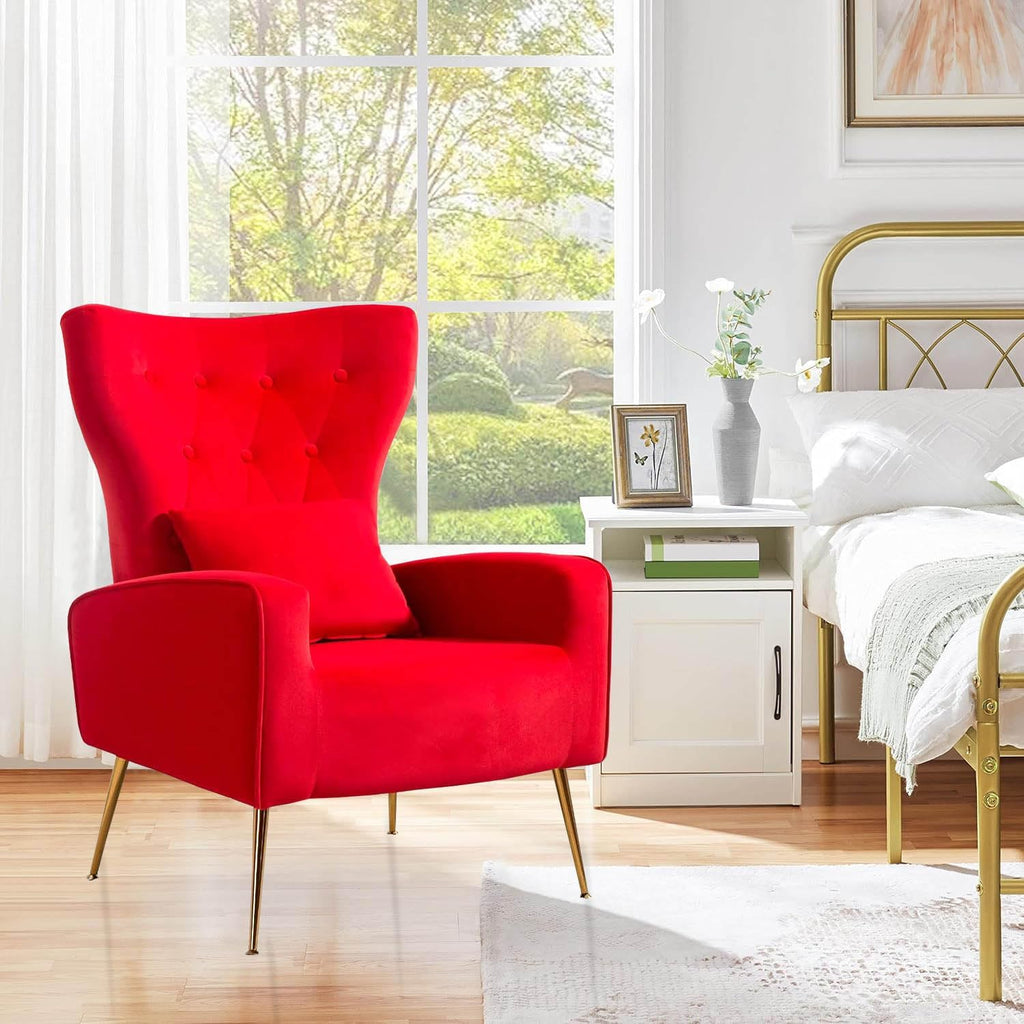 Velvet Accent Arm Chairs Set of 2, Mid-Century Modern Living Room Chair, Wingback Bedroom Side Chair with Gold Legs &