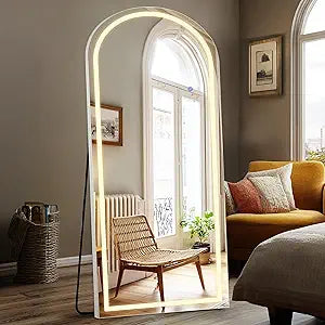 Arched Full Length Mirror with Light- 26"×70" Led Floor Standing Mirror with 3 Color Lights & Wall Mounted, Dressing