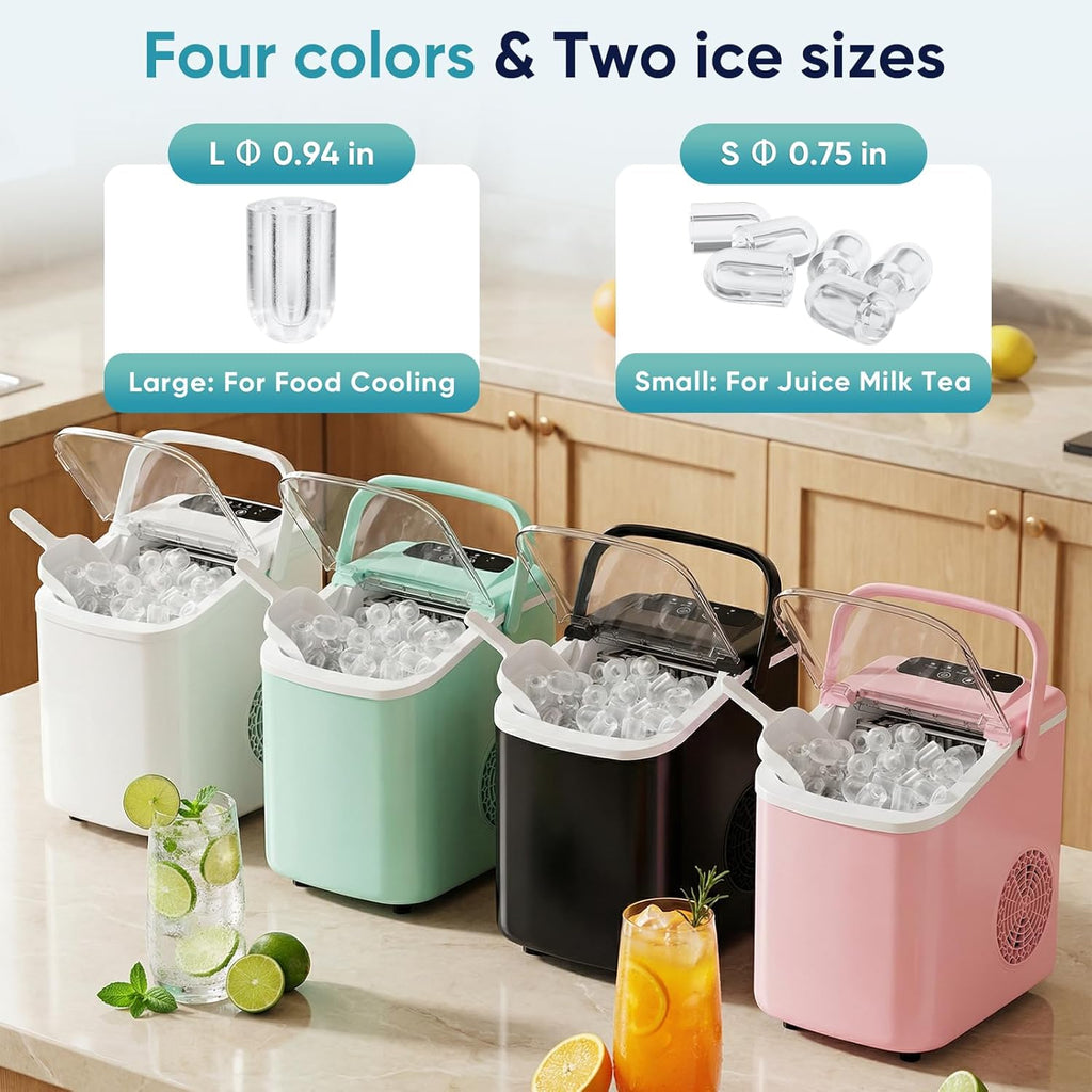 Ice Maker Countertop, Ice Machine with Portable Handle, Basket and Scoop, 26lbs Daily, 9 Bullet Cubes in 6~8 Mins