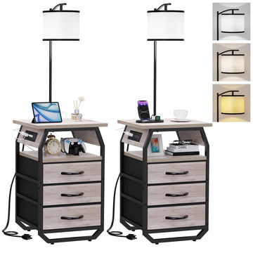 Floor Lamp with Table Set 2, End Table with Light & Charging Greige